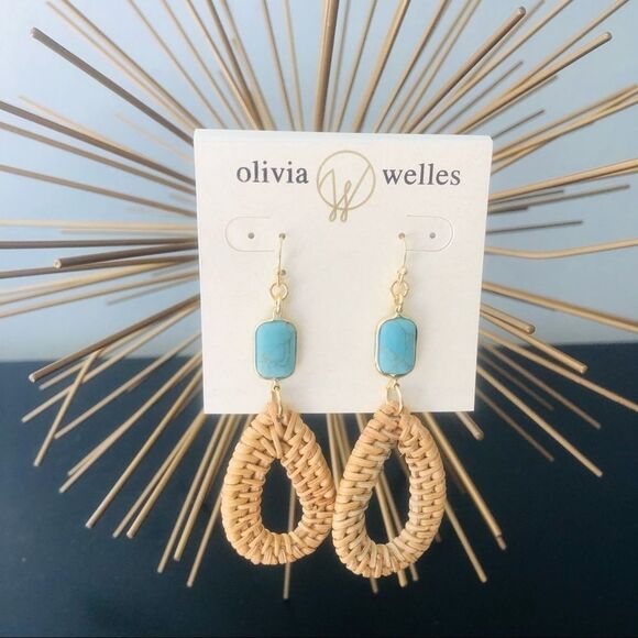 Olivia Welles Sandra Straw Drop Earrings, Tan/Turquoise, NWT - Picture 1 of 7